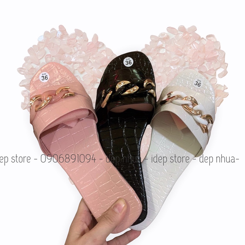 Dép lê nữ thời trang bệt bản ngang gắn móc xích thời trang iDép- DL145