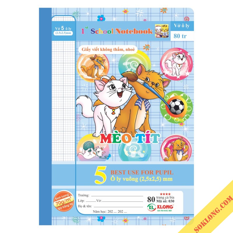 Vở ô ly 80 trang B5 Klong Chích Bông MS 030 giấy ghim tập vở ô vuông viết bài dễ thương SOKLONG