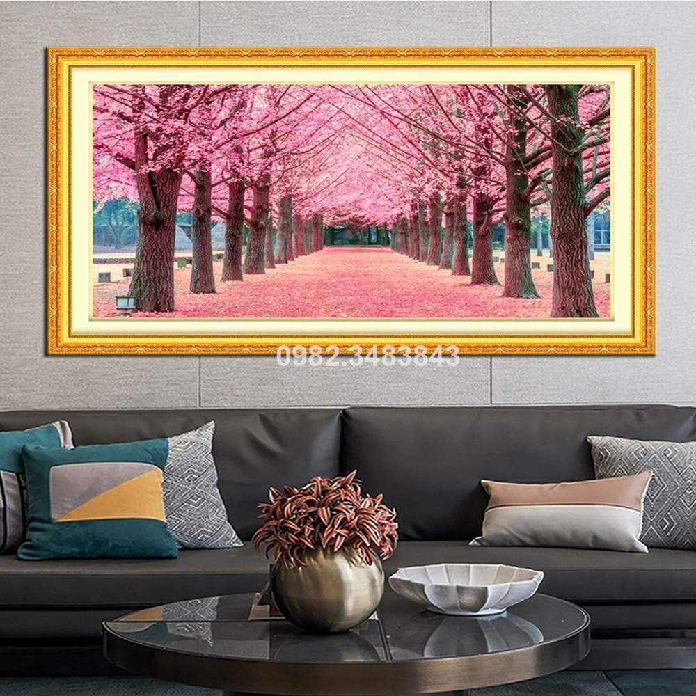 Tranh đính đá Hàng cây tím KT:130x68cm, Tranh gắn đá tự làm.