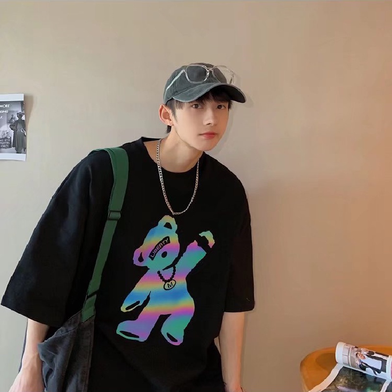 Áo Thun Mùa Hè Dáng Suông Tay Cộc In Họa Tiết Gấu Hoạt Hình Phong Cách Hàn Quốc Thời Trang Cho Nam Và Nữ size M-5XL