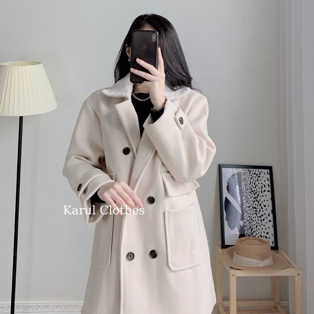 Áo khoác dạ cổ lông 2 lớp cách điệu 2 hàng cúc - Áo khoác dạ nữ cổ lông dáng dài  stye hàn quốc 2 màu be kem