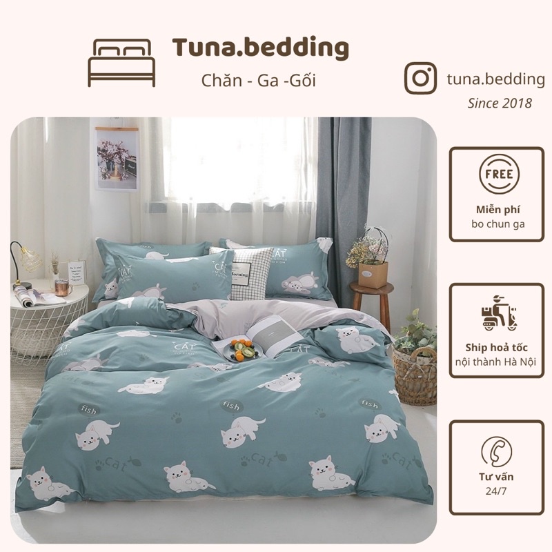 Bộ Chăn Ga Poly Mèo Xanh