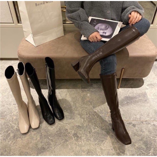 Bốt đùi nữ da lì khóa cạnh , Boot nữ đùi lửng dưới gối da lì 5cm khóa cạnh gót vuông màu đen nâu đi chơi du lịch
