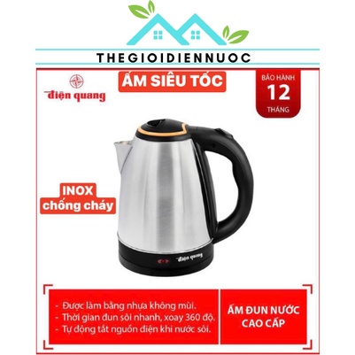 Ấm siêu tốc inox 1.8L điện quang hàng cao cấp, đun nước sôi siêu nhanh, chống cháy, đế xoay 360 độ, có giấy bảo hành