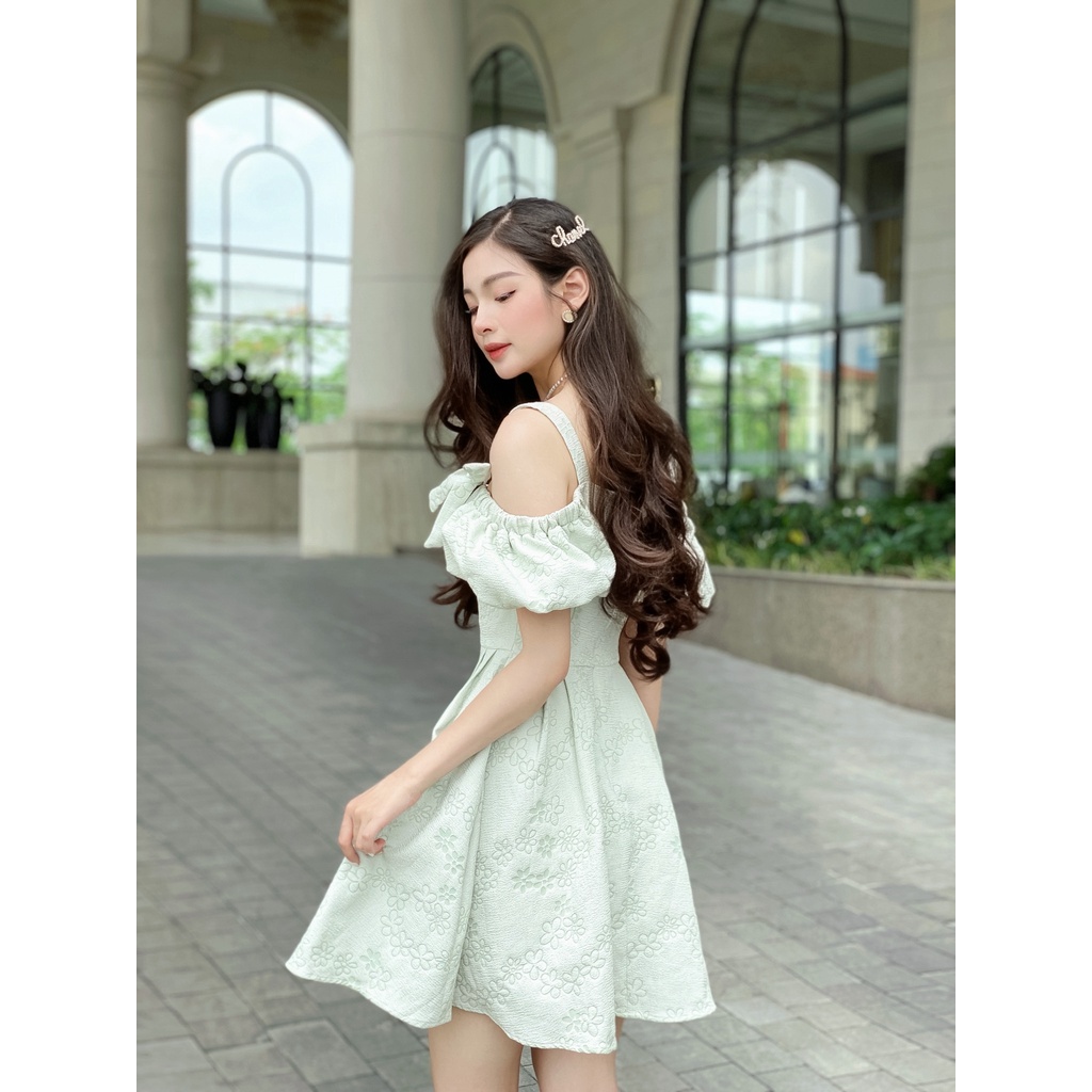 Váy xòe ngang vai Chillgals phong cách tiểu thư dịu dàng vải gấm hàng thiết kế VA-075