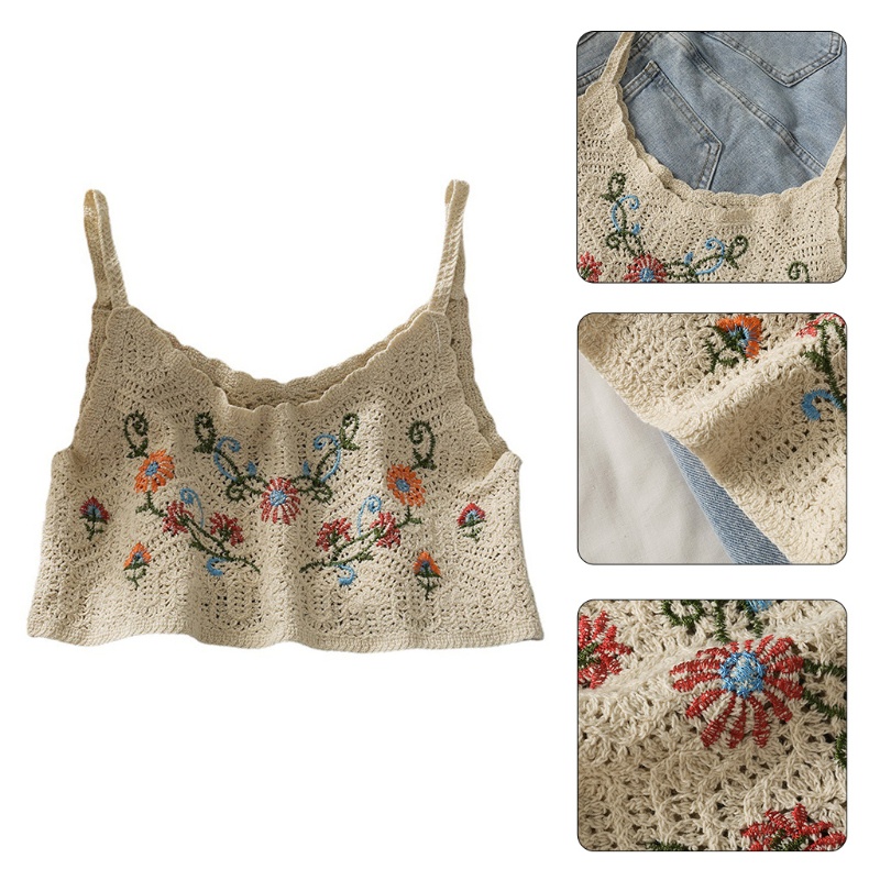 Áo Croptop Dệt Kim Hai Dây Mảnh Cổ Chữ V Thêu Hoa Phong Cách Boho Thời Trang Đi Biển Mùa Hè Cho Nữ