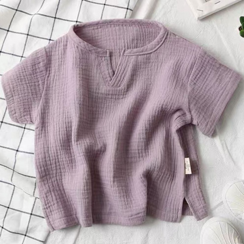 Áo thun MNGRL vải linen mềm mát màu trơn tay ngắn thoáng khí phong cách Hàn Quốc thời trang mùa hè cho trẻ em
