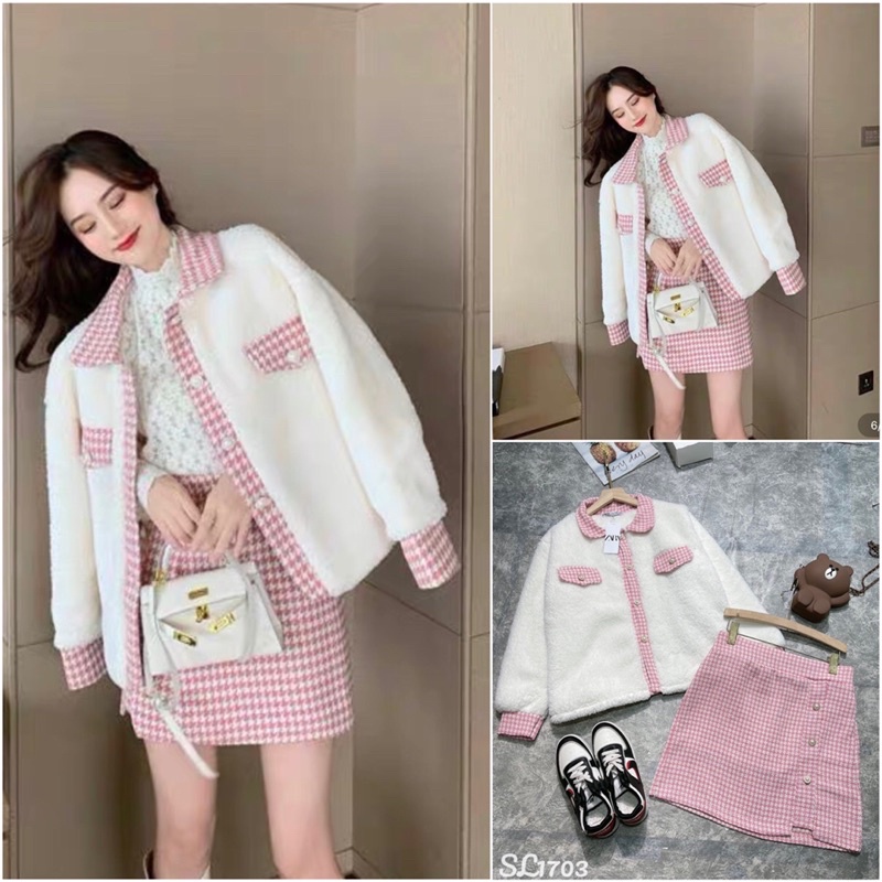 💋FRESHIP💋 Sét Áo khoác lông trắng cúc ngọc kèm chân váy có lót trong ảnh thật và video đẹp Uy Tín