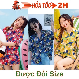 Áo sơ mi hoa lá đi biển, đồng phục đi biển, chất đũi mềm mát
