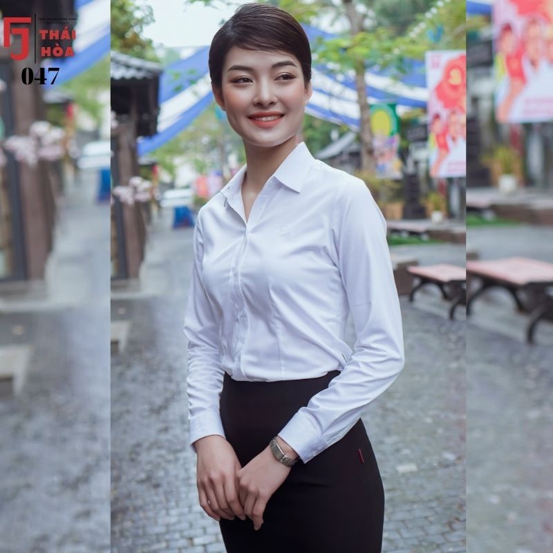 Áo sơ mi nữ công sở trắng đẹp dài tay kiểu bigsize vải sợi tre Thái Hoà 8919-01-01