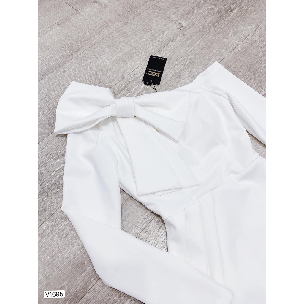 Váy trắng lệch vai nơ V1695 - QUEEN SHOP DOLCE VIVA COLLECTION(ảnh người mẫu+ảnh trải sàn do shop tự chụp)