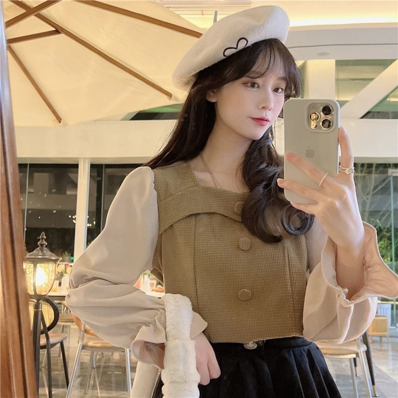 Áo sơ mi tay dài cổ vuông phong cách retro thời trang mùa đông 2021