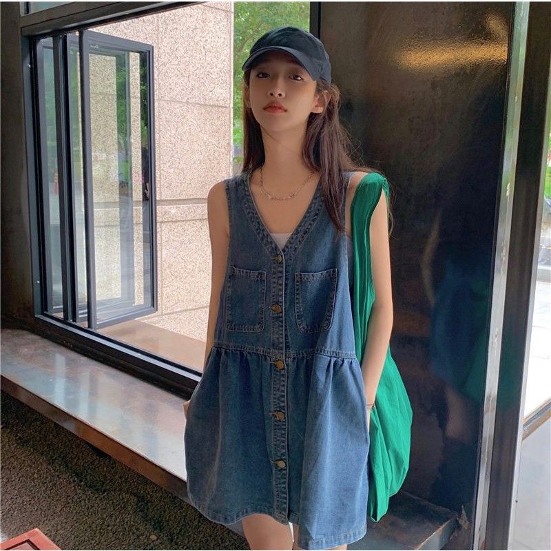 Váy  jean Đầm Denim Không Tay Dáng Chữ A Màu Xanh Dương Gợi Cảm Cho yếm bò nữ