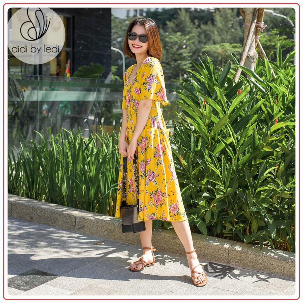 Đầm nữ dạo phố, Đầm hoa nữ tay ngắn thiết kế DIDI BY LEDI dáng suôn, váy xòe, vải Cotton màu hoa vàng size S M - D799