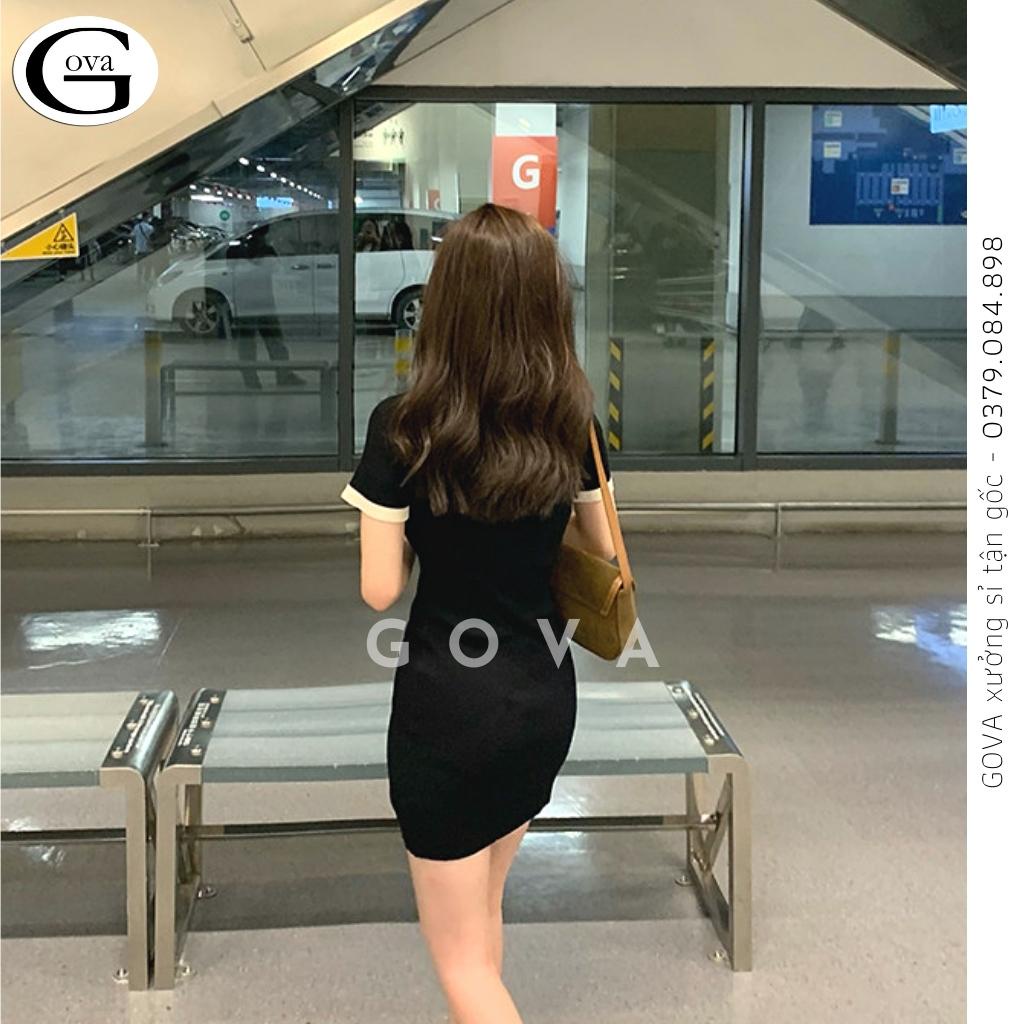 Đầm Váy Body CỔ POLO Phối Be Nữ Kiểu Tay Ngắn Dáng Ôm BodyTôn Dáng Đẹp GOVA