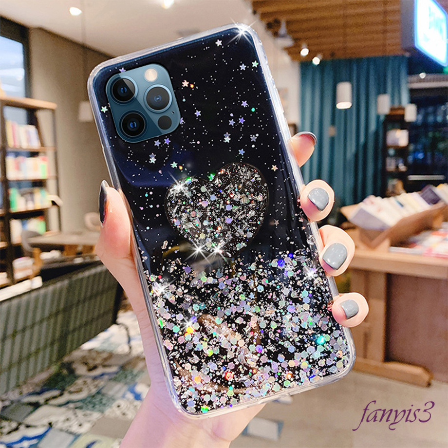 Ốp điện thoại silicon mềm phối kim tuyến kèm giá đỡ hình trái tim cho iPhone 12 Mini 12 11 Pro Max 7 8 Plus SE 2020 | BigBuy360 - bigbuy360.vn