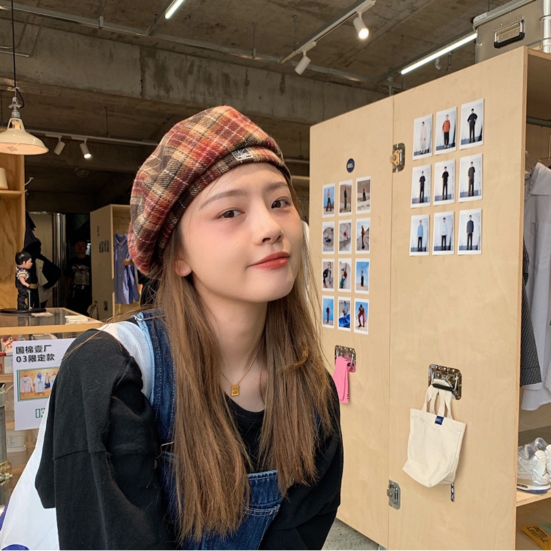 Mũ Beret Len Kẻ Sọc Caro Phong Cách Retro Nhật Bản Thời Trang Thu Đông Cho Nữ