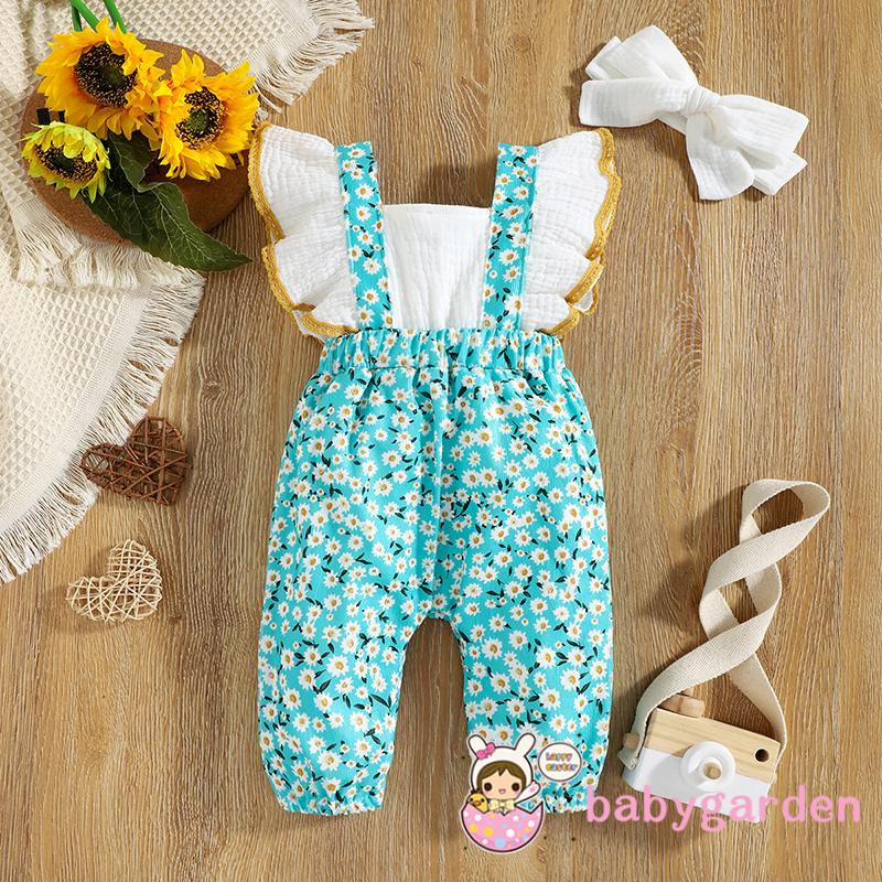 Bộ áo liền quần cổ vuông họa tiết hoa cúc kèm băng đô cho bé gái 0-18 tháng tuổi