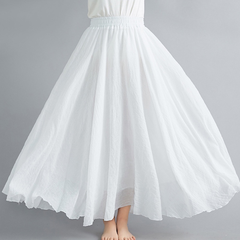 Women Double Layer Linen Maxi Skirt Pleated Vintage Boho Maxi Long Casual Cotton Beach Skirt Dress