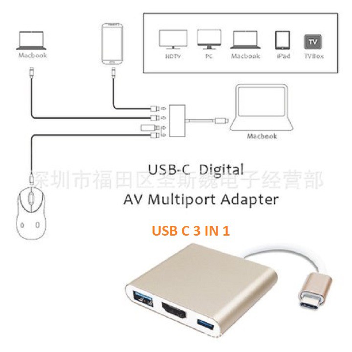 [Mã SKAMSALE0123 giảm 10% đơn 200k] ADAPTER USB C 3 IN 1 ( HỖ TRỢ SAMSUNG DEX ) HDMI + USB + TYPE C