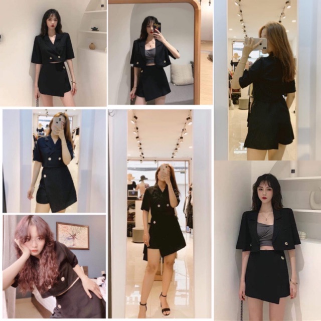 Set đồ váy - áo croptop WONERR SET áo có cài cúc mix với áo ống chân váy giả quần vạt chéo có co giãn màu đen