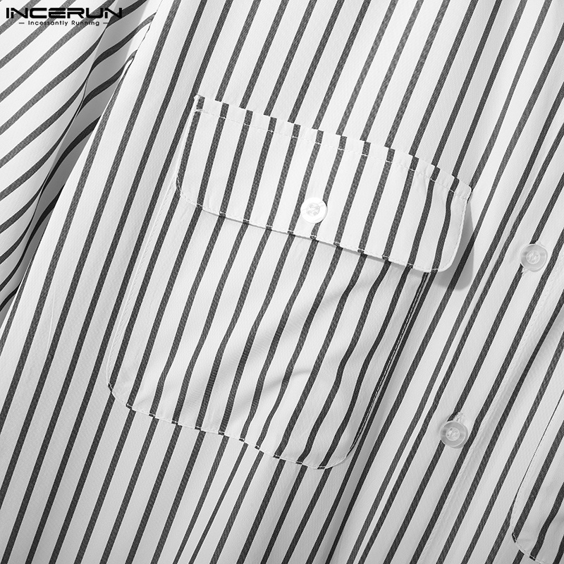 Áo sơ mi INCERUN ngắn tay họa tiết kẻ sọc thời trang mùa hè cho nam