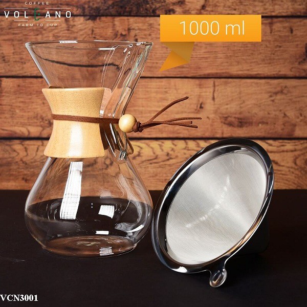 Bình pha cà phê thủy tinh kiễu chemex tay cầm gỗ