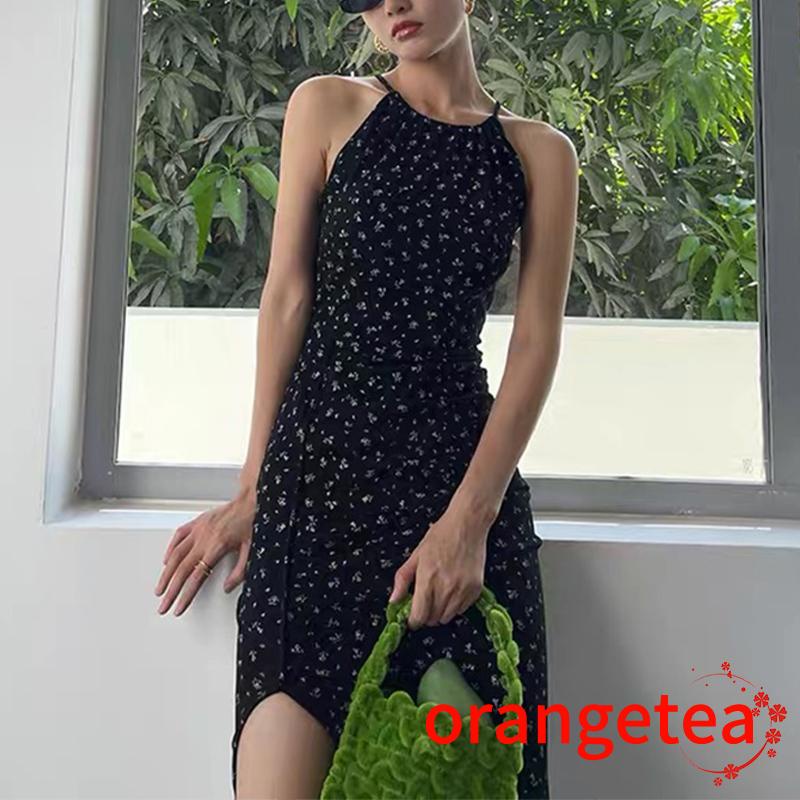 Đầm chữ A không tay cổ yếm xẻ tà in hoa gợi cảm cho nữ chất lượng cao