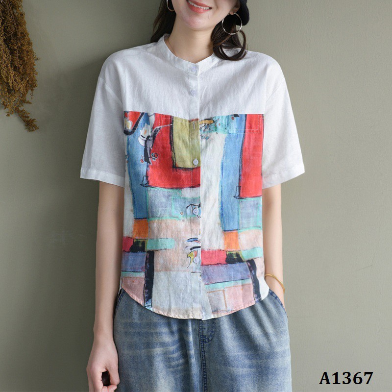 A1367 - ENDA KISUHI Áo Linen Cotton Ngắn Tay Retro Hội Họa