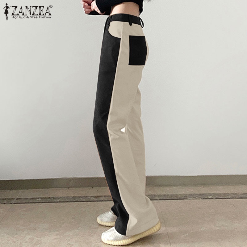 Quần dài ZANZEA vải lông cừu phối màu tương phản phong cách Hàn Quốc thời trang