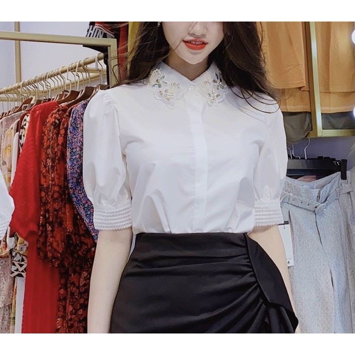 Áo sơ mi pha ren cổ đính đá