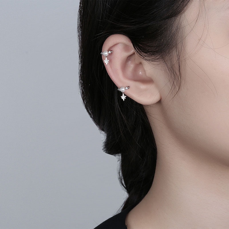 1 chiếc khuyên kẹp vành tai hình ngôi sao sáu cánh mini đính ngọc trai lấp lánh thời trang cá tính cho nữ