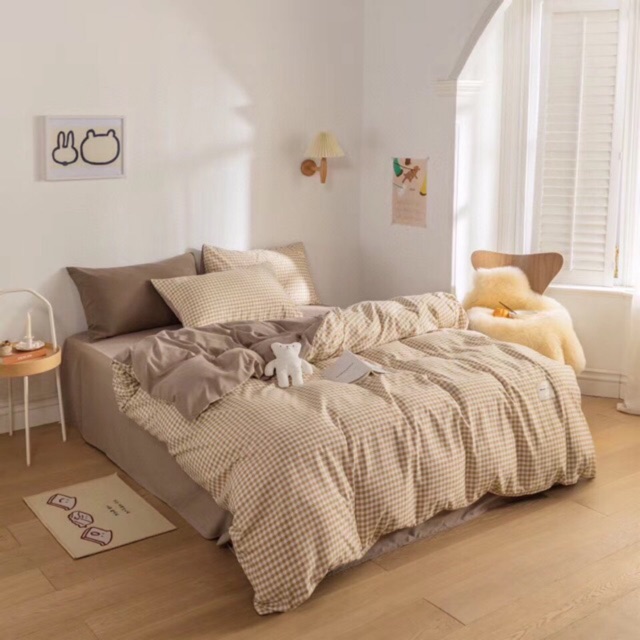 Bộ chăn ga gối cotton tici cao cấp mẫu kẻ caro be nâu