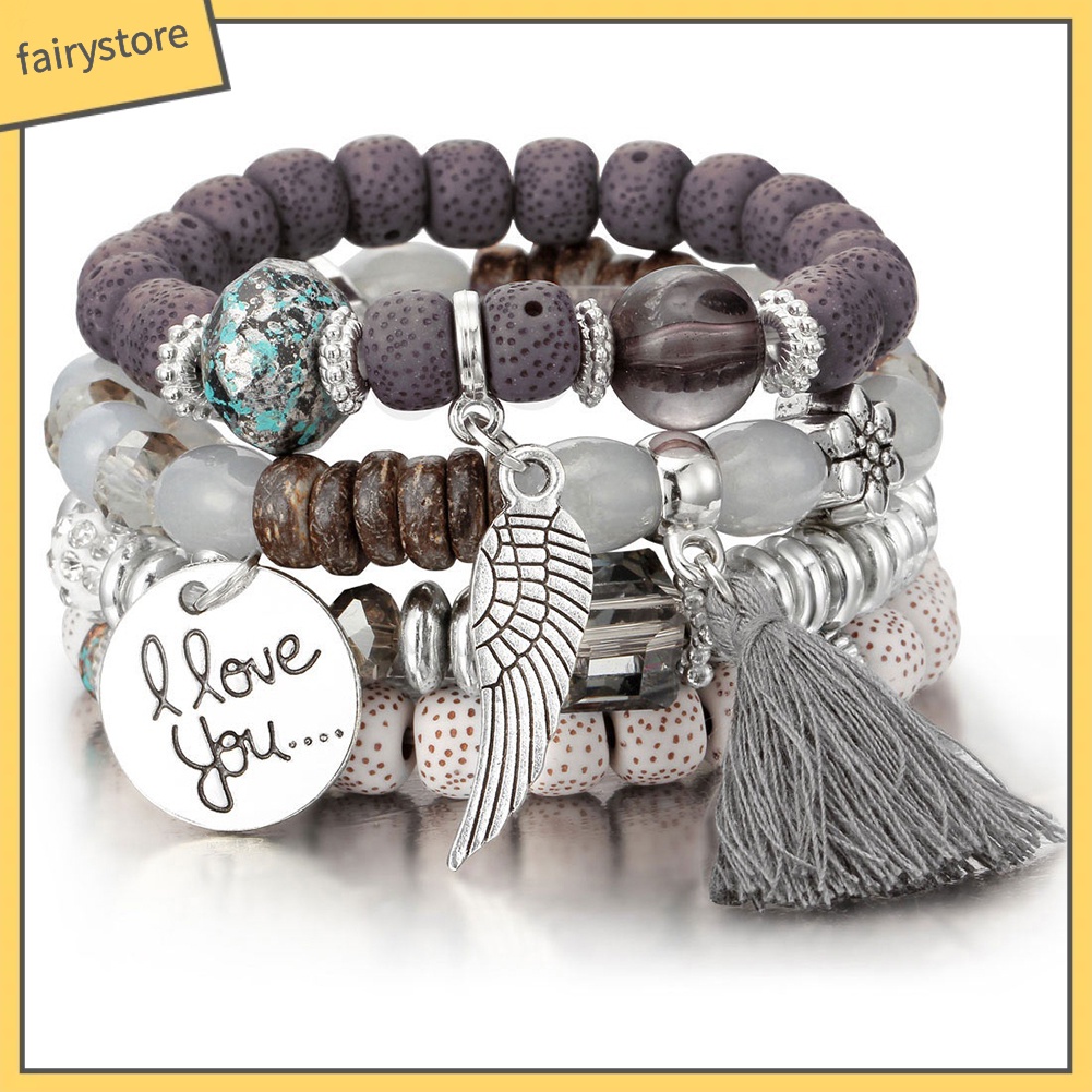 Set 4 vòng đeo tay xâu hạt phong cách Boho độc đáo và thời trang cho nữ