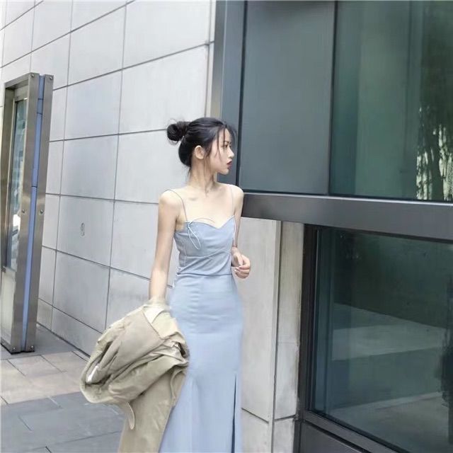 Đầm hai dây thun trơn co giãn độc lạ