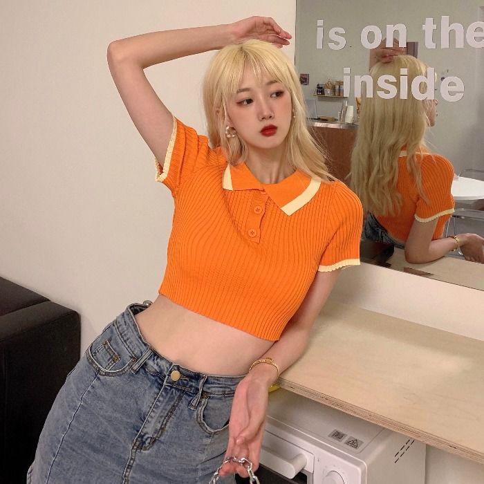 Áo croptop dệt kim cổ áo Polo thời trang mùa hè xinh xắn cho nữ