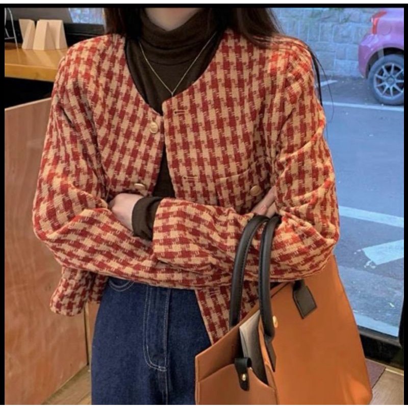 : Áo Khoác Dạ Tweed Caro Cao Cấp Cổ Tròn Cúc Đồng Túi Nắp 2 Màu 2 Lớp Dày Dặn LOLLAYE