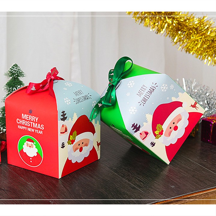 Hộp đựng quà Giáng Sinh Merry Christmas hình ông già Noel dạng khối vuông phối nơ ruy băng đáng yêu1 Baby-S – SG007