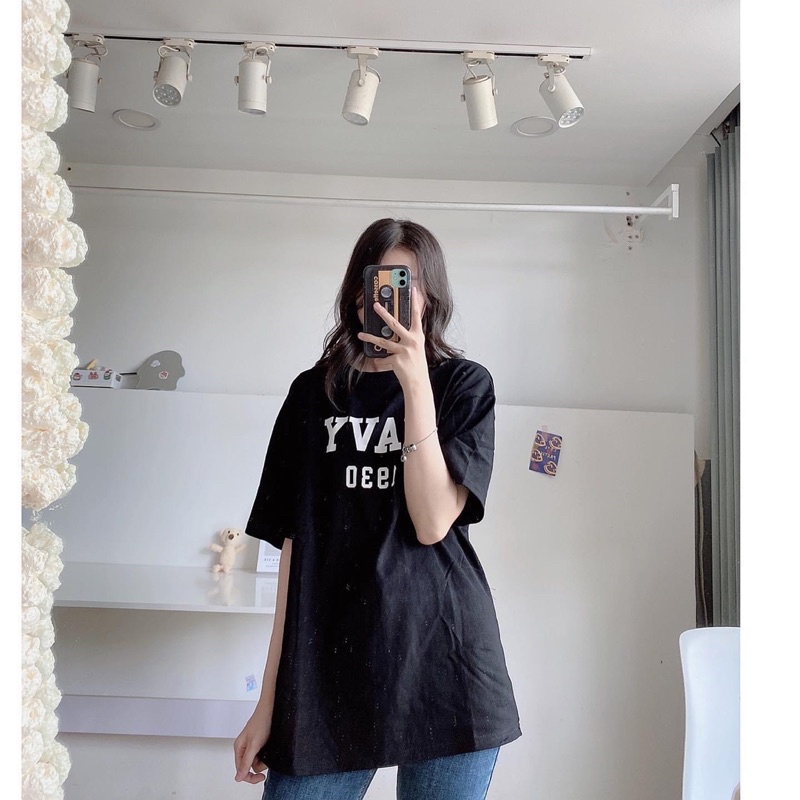 Áo thun cotton tay lỡ dáng rộng unisex Navy freesize 38-65kg