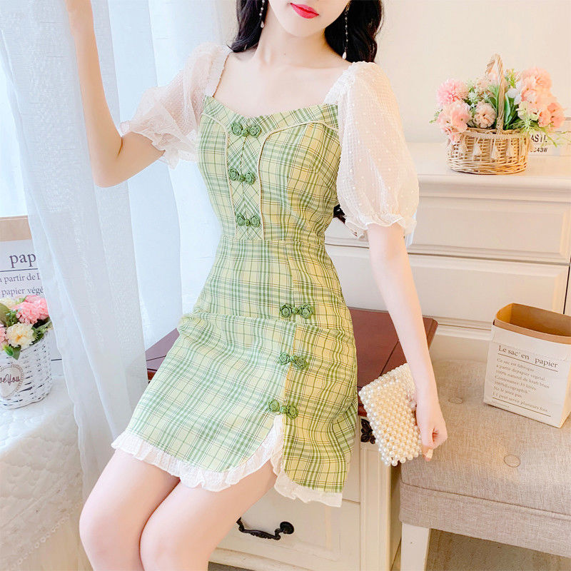 Women Cheongsam Chiffon Stitching Plaid Sweet Small dress | BigBuy360 - bigbuy360.vn