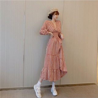 ( sẵn 1 xanh dài ) Váy kẻ ô caro dáng dài maxi cổ chữ v đắp chéo tay phồng tay bồng tay dài