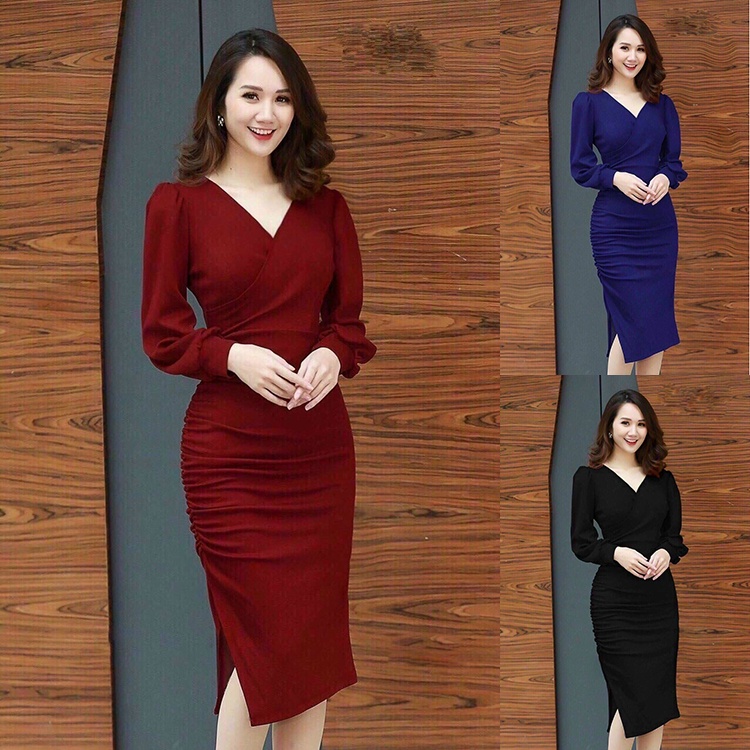 Đầm Ôm Body Cổ Tim Dài Tay Duyên Dáng[Hàng Thiết Kế Chuẩn Shop]