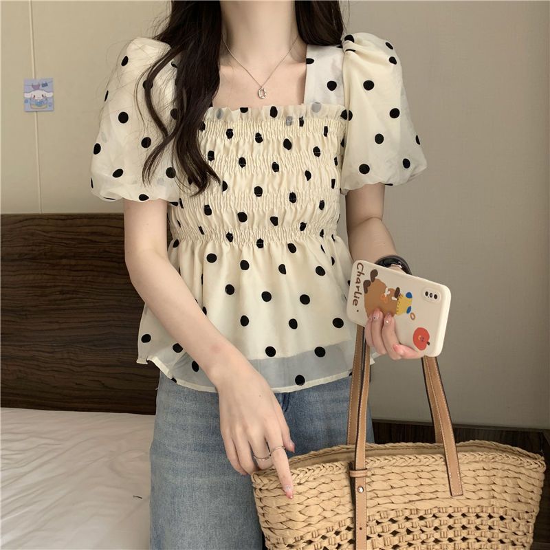 Áo Ngắn Tay Phồng Cổ Vuông Họa Tiết Chấm Bi Thời Trang Cho Nữ