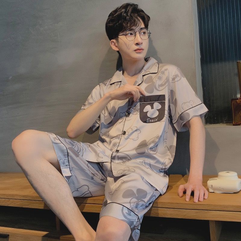 Bộ Đồ Ngủ Vải Lụa Lạnh Mỏng Tay Ngắn Phong Cách Hoạt Hình Dành Cho Nam Thanh Thiếu Niên