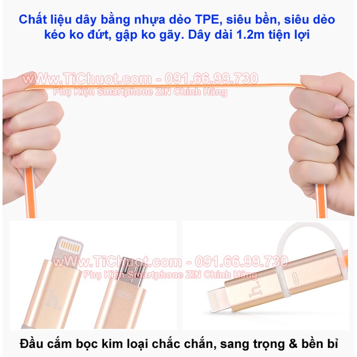 Cáp HOCO UPL08 2in1 Light.ning &amp; MicroUSB Đầu Bọc Nhôm Có LED Báo Sạc