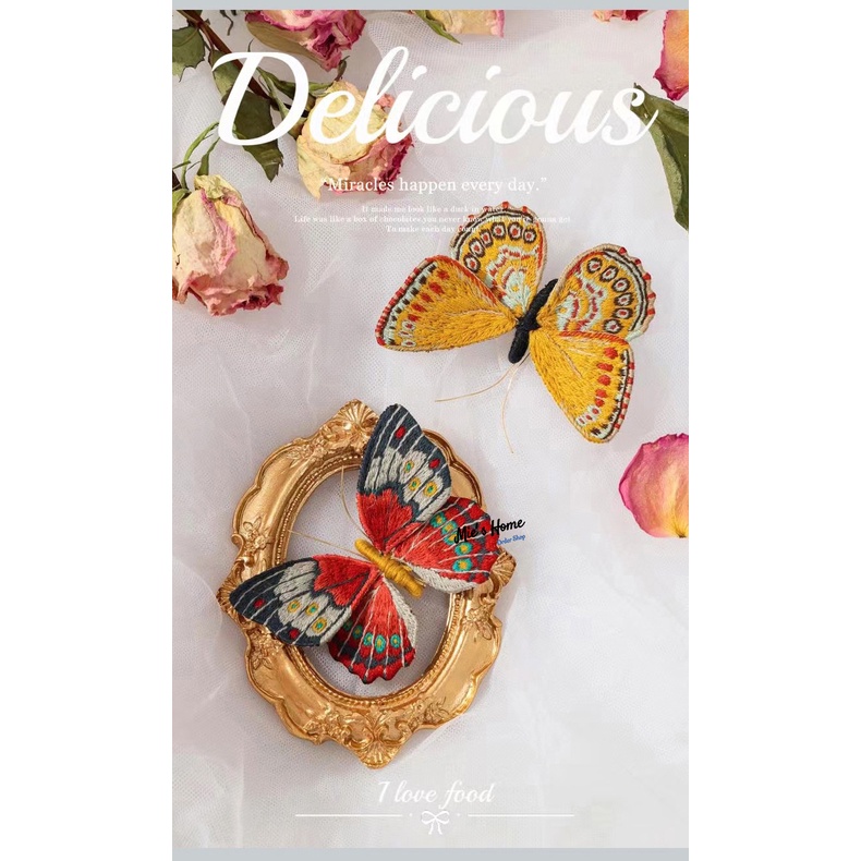 Gói KIT Nguyên Liệu DIY Túi Dụng cụ Tự Thêu Tay Nghệ Thuật Ghim Cài Áo Butterfly Hoa Xuân Embroidery Handmade - Mie Shop