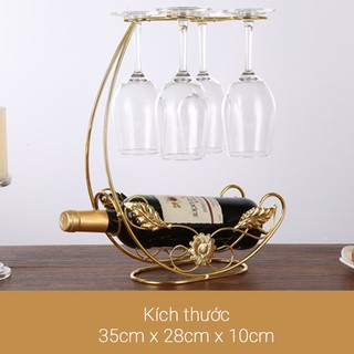 Kệ để rượu vang độc đáo hình hoa lá có giá treo 4 ly , trang trí phòng khách & quầy bar DH-BK0010