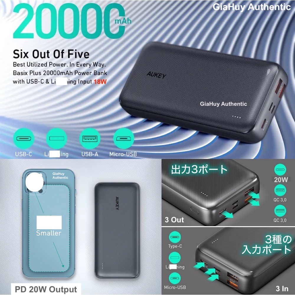 Pin sạc dự phòng AUKEY PB-N74S Basix Plus 20000mAh PD 3.0 20W & SCP 22.5W/ QC 3.0 18W