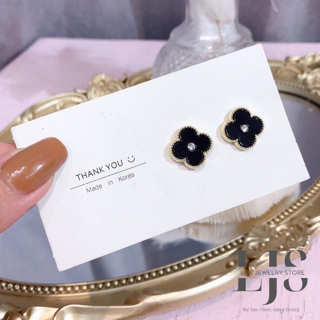 Bông tai nữ mạ bạc 925 không gỉ, khuyên tai nữ cỏ 4 cánh đính đá sang trọng - LUX954