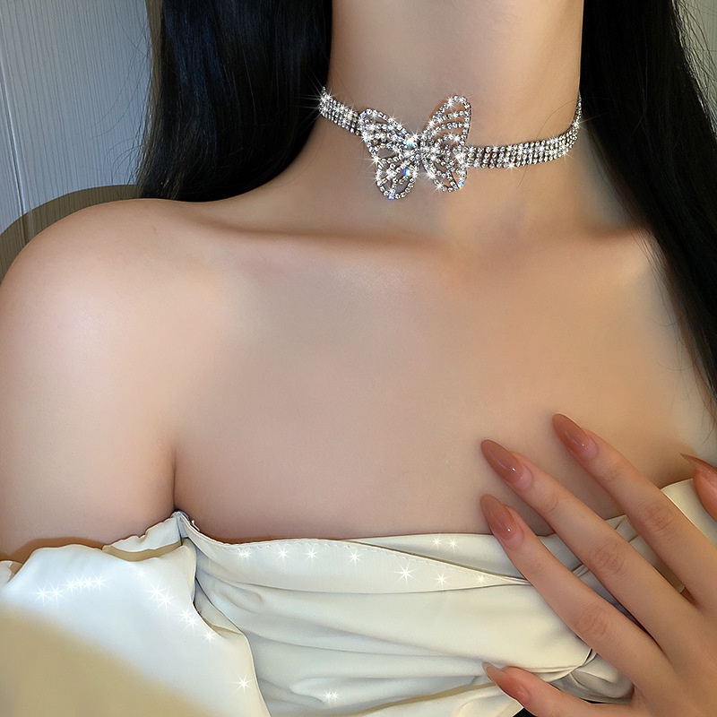 Dây chuyền ngắn mặt bướm đính đá kim cương thời trang Âu Mỹ
